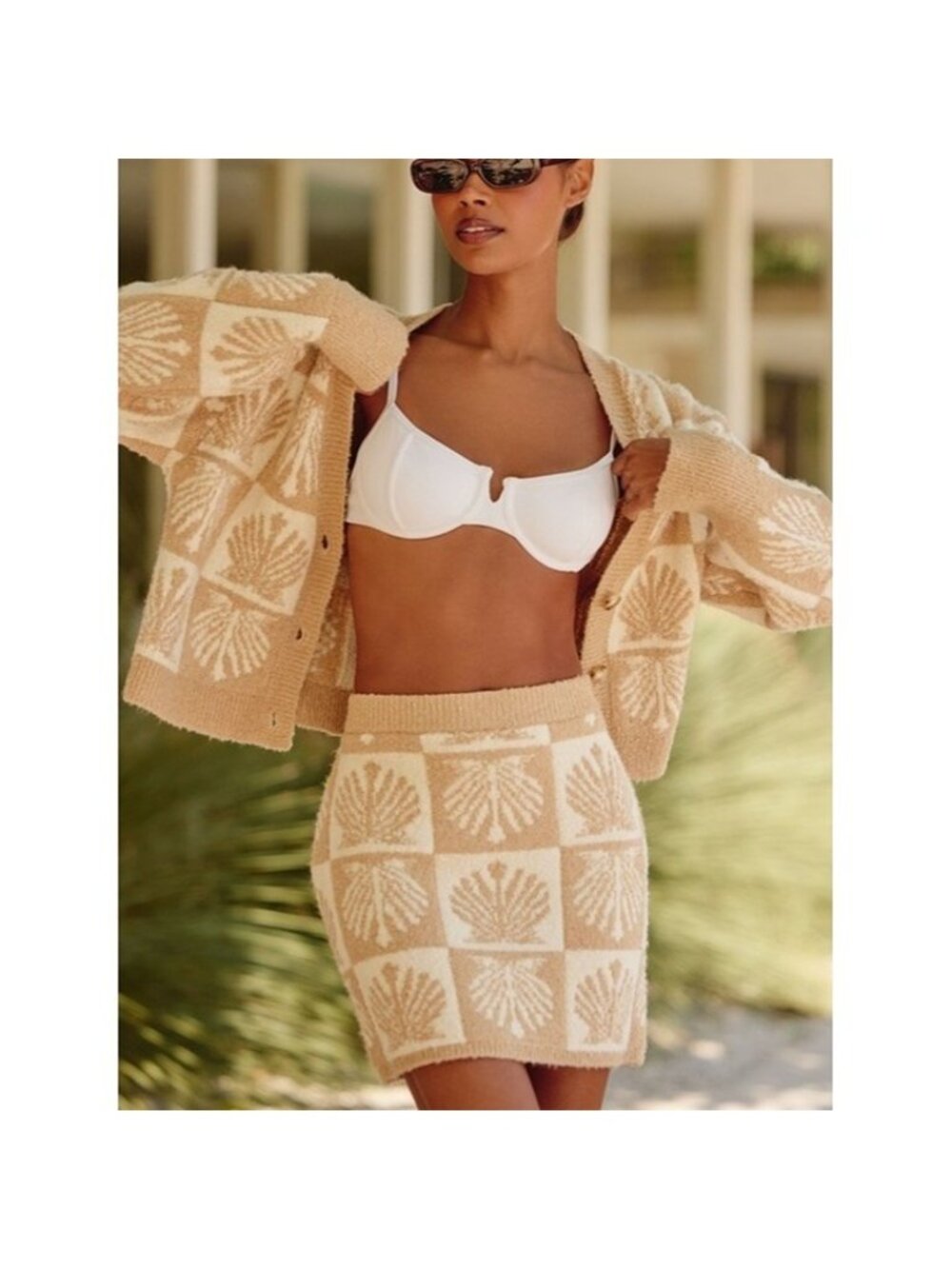 LSPACE Shell Be There Sweater Mini Skirt Sand Beach Coastal Size L NEW